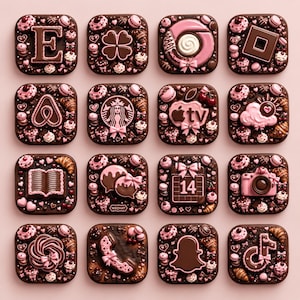 May include: A grid of sixteen square chocolate-themed app icons on a light pink background. Each icon features dark chocolate borders decorated with pink frosting, tiny macarons, cherries, and croissants, surrounding various central brand logos.