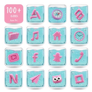 May include: A collection of 16 square icons with a water-like background. Each icon features a pink object, such as a compass, musical note, or house, floating in a blue liquid. The top left corner has a pink square with the text "100+ ICONS! Aqua Pet."