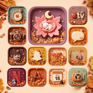 May include: A collection of twelve square app icons featuring autumn themes with fallen leaves, pumpkins, and woodland animals. Icons include a clock, camera, raccoon, ghost, envelope, folder, Netflix logo, calendar showing Oct 15, and Apple TV logo.