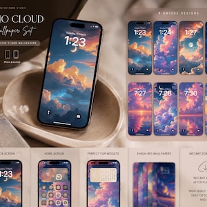Pode incluir: Um conjunto de papéis de parede digitais intitulado Boho Cloud Wallpaper Set com oito designs estéticos de nuvens para dispositivos móveis. As imagens exibem céus vibrantes ao pôr do sol com nuvens rosas, laranjas e azuis, luas e estrelas.