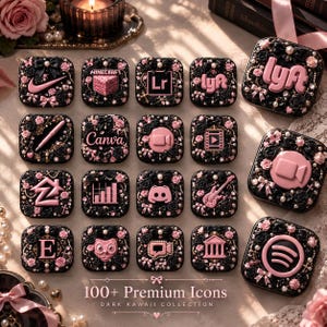 May include: A collection of square app icons featuring black and pink floral designs with bows and pearls. The icons display various logos and symbols including Nike, Minecraft, Lightroom, Lyft, Canva, Discord, and Spotify, with the text 100+ Premium Icons.