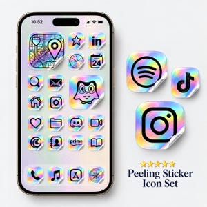 May include: A smartphone screen displaying a grid of holographic, peeling-style app icons with black outlines. The icons feature various symbols including a map, clock, calendar, owl, and social media logos. Additional loose holographic stickers are shown.