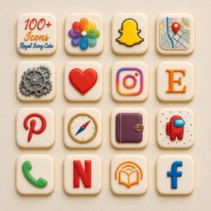 Peut inclure: Une collection de seize biscuits carrés décorés de glaçage royal représentant diverses icônes d'applications et symboles. Le biscuit en haut à gauche porte le texte 100+ Icons Royal Icing Cake. Les autres biscuits affichent des logos de réseaux sociaux colorés, une carte, des engrenages, un cœur, une boussole, un livre, un personnage, un téléphone et des lettres.