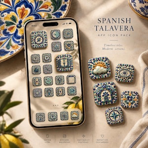 Puede incluir: Una pantalla de smartphone que muestra un paquete de iconos de aplicación Spanish Talavera con patrones de azulejos azules, amarillos y blancos. La pantalla muestra varios iconos cuadrados con diseños intrincados y otros sueltos a la derecha.