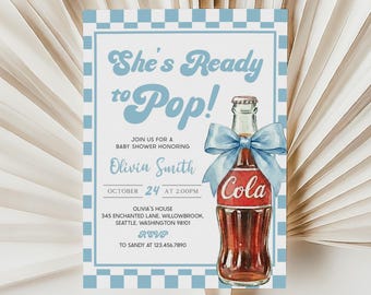 She's Ready to Pop Baby Shower Invitation | Blue Gingham Cola Baby Shower Invitation | Soda Baby Shower Invite | Boy Bow Soda Invite | BS53