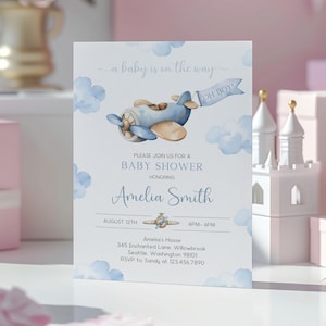 Blue Airplane Baby Shower Invitation | Editable Vintage Travel Baby Shower Invite Template | Up Up and Away Airplane Baby Shower Evite | BS4
