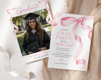 Invitación para fiesta de graduación con lazo rosa / Invitación con foto / Anuncio de graduación de niña / Clase de 2026 / Invitación minimalista para graduados