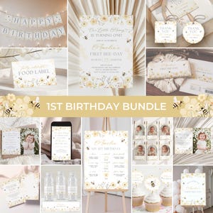 May include: A collection of party supplies with a bee theme. Includes invitations, banners, food labels, thank you tags, and cupcake toppers. The text includes "Happy Birthday", "Amelia's First Bee-Day", and "Thank You". The color scheme is white and yellow.