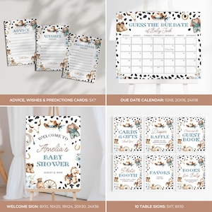 May include: A collection of cowboy-themed baby shower decorations. Includes advice cards, a calendar, a welcome sign, and table signs. The designs feature cowboy hats, horseshoes, and a cowhide pattern. The welcome sign is available in various sizes, from 8x10 inches to 24x36 inches.