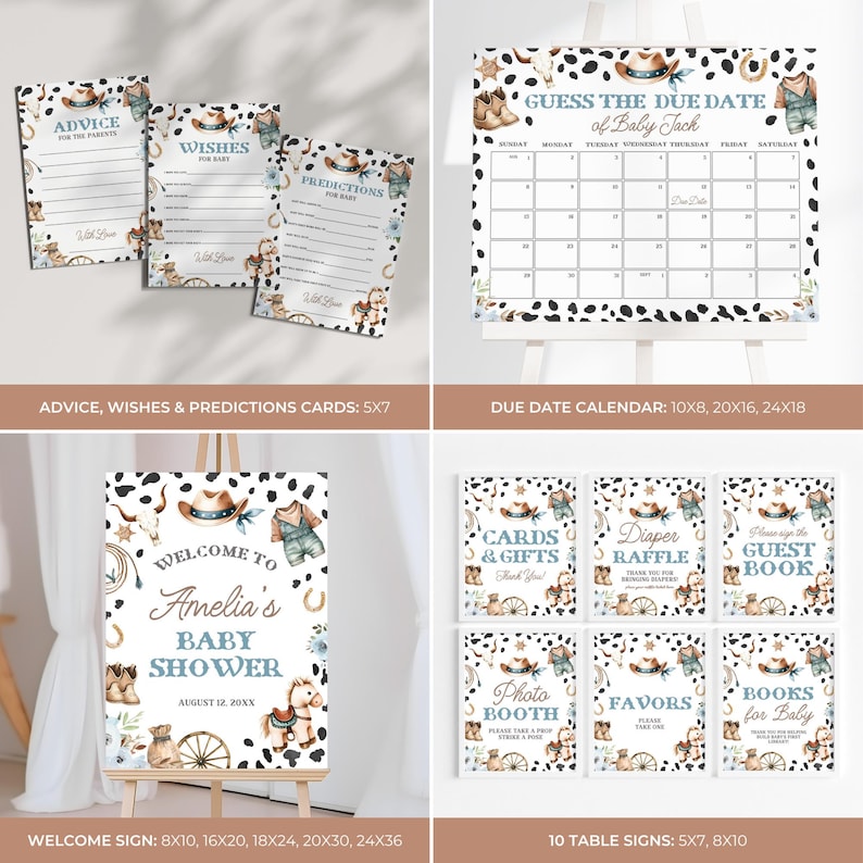 May include: A collection of cowboy-themed baby shower decorations. Includes advice cards, a calendar, a welcome sign, and table signs. The designs feature cowboy hats, horseshoes, and a cowhide pattern. The welcome sign is available in various sizes, from 8x10 inches to 24x36 inches.