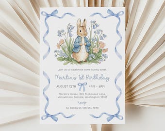 Peter Rabbit 1st Birthday Invitation | Flopsy Bunny Birthday Invite | Blue Bow Bunny Birthday Invite | Boy Bunny Birthday Party Evite | BD16