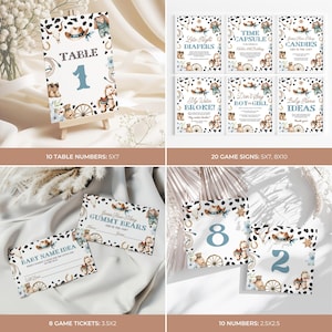May include: A collection of baby shower decorations with a cowboy theme. Includes table numbers, game signs, and tickets. The designs feature cowboy hats, horses, and a cowhide pattern. The table number is on a small wooden easel.
