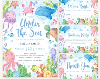 Under The Sea Baby Shower Invitation Bundle | Ocean Animals Baby Shower Invite Set | Nautical Shower Invite Pack | Editable Template | BS9