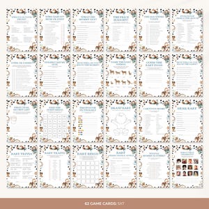 May include: A collection of 24 baby shower game cards with a rustic cowboy theme. Each card features a different game, such as "What Did Mommy Say?" and "Baby Bingo," with decorative borders and illustrations. The cards are 5x7 inches.