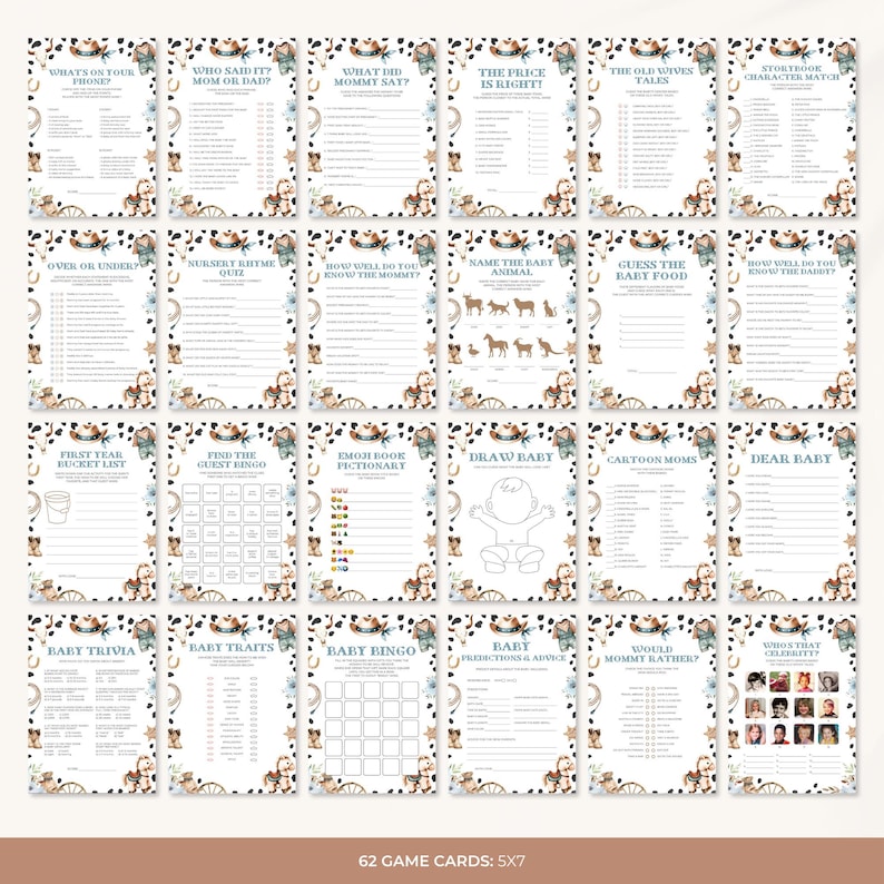 May include: A collection of 24 baby shower game cards with a rustic cowboy theme. Each card features a different game, such as "What Did Mommy Say?" and "Baby Bingo," with decorative borders and illustrations. The cards are 5x7 inches.
