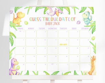 Dinosaur Baby Shower Due Date Calendar | Boy Dino Baby Shower Calendar Sign | Jurassic Baby Shower Decor | T-rex Birthday Prediction | BS6