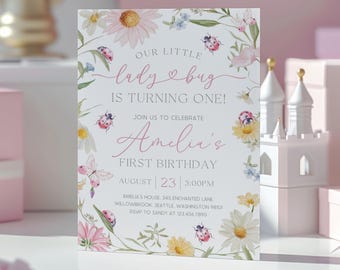 Ladybug 1st Birthday Invitation | Love Bug Birthday Invitation | Our Little Ladybug Birthday Invite | Floral Bugs 1st Birthday Invite | BD40
