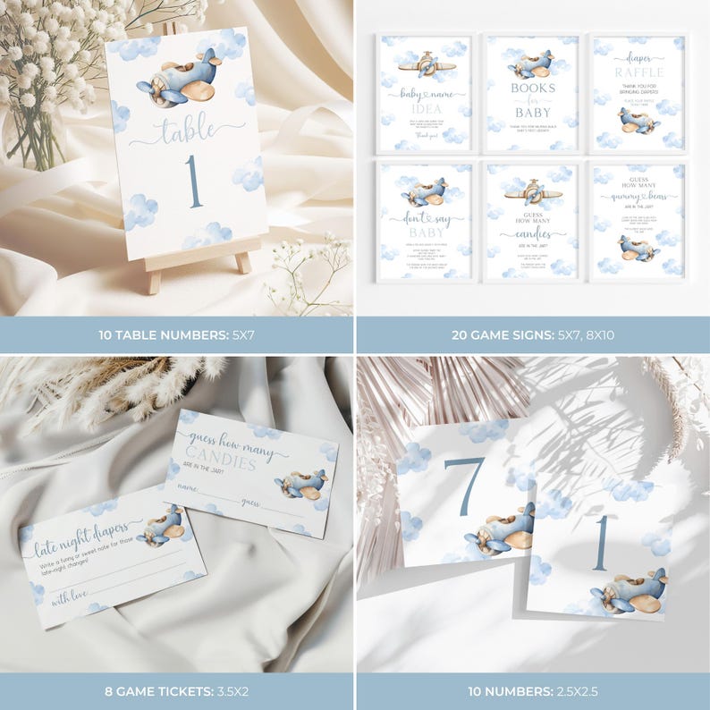 May include: Blue and white baby shower printable set with a watercolor airplane theme. Includes table numbers, game signs, game tickets, and numbers. The text includes "table", "don't say baby", "guess how many candies", "late night diapers", and "books for baby".