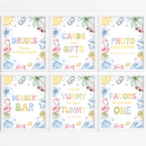 May include: A set of six white-framed signs featuring pastel-colored text and watercolor illustrations of tropical items like flamingos, palm trees, sunglasses, and snorkeling gear. The signs display text including DRINKS, CARDS and GIFTS, PHOTO GUESTBOOK, DESSERT BAR, A LITTLE YUMMY FOR YOUR TUMMY, and FAVORS PLEASE TAKE ONE.