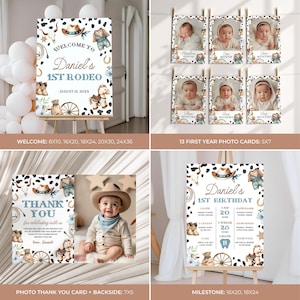 May include: A collection of cowboy-themed party decorations, including a welcome sign, milestone sign, photo cards, and thank you cards. The signs feature a cowhide pattern, cowboy hats, and horseshoes. The photo cards display baby photos.