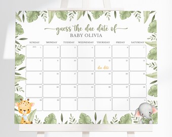 Safari Animals Baby Shower Due Date Calendar | Wild One Baby Shower Calendar Sign | Editable Jungle Animals Baby Shower Party Decor | BS3