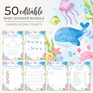 Editable Under The Sea Baby Shower Games Bundle | Ocean Animals Baby Shower Games Template | Blue Nautical Baby Shower Game Pack | BS9