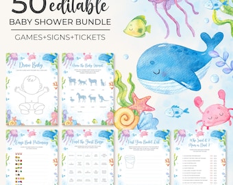 May include: A baby shower bundle with 50 editable games, signs, and tickets. The design features watercolor illustrations of marine life, including a whale, jellyfish, and crab. The bundle includes games like "Draw Baby" and "Who Said It?"