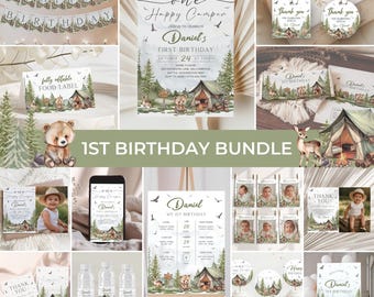 One Happy Camper 1st Birthday Bundle | Camping Birthday Invitation Pack | Woodland Birthday Decoration | Mountain Forest Birthday Set | BD32