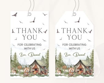 Etichetta di ringraziamento per il primo compleanno di One Happy Camper / Etichetta regalo per compleanno in campeggio / Decorazione per festa di compleanno nel bosco / Etichetta regalo foresta di montagna / BD32