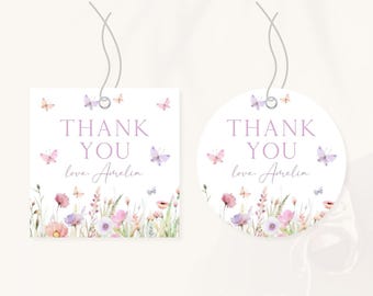 Butterfly 1st Birthday Favor Tag | Pink Wildflower Birthday Thank You Tag | Floral Birthday Decor | Girl Butterfly Birthday Gift Tag | BD7