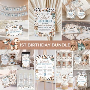 Peut inclure: Ensemble de fournitures de fête sur le thème du cow-boy, comprenant des invitations, des bannières, des étiquettes alimentaires et des étiquettes de remerciement. La palette de couleurs est principalement bleue, marron et blanche, avec des illustrations de chapeaux de cow-boy et de chevaux.