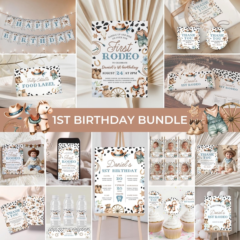 May include: A collection of cowboy-themed party supplies, including invitations, banners, food labels, and thank you tags. The color scheme is primarily blue, brown, and white, with cowboy hat and horse illustrations. The text "First Rodeo" and "Happy Birthday" are visible.