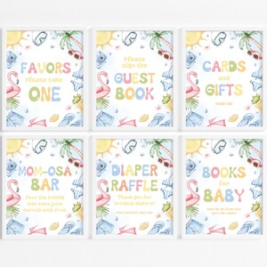 May include: Six framed signs with beach-themed designs. Each sign features colorful text like "Favors," "Guest Book," and "Cards and Gifts," along with illustrations of flamingos, sunglasses, and beach elements. The signs are perfect for a baby shower.