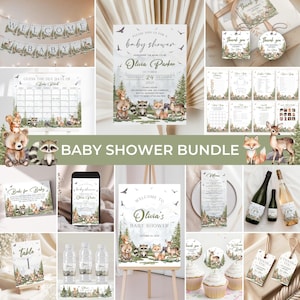 May include: A collection of baby shower decorations and stationery with a woodland theme. Includes banners, invitations, games, cupcake toppers, water bottle labels, and thank you tags. The designs feature forest animals and greenery.