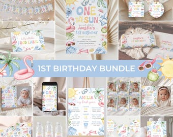 May include: A collection of party supplies with a tropical theme, including invitations, banners, food labels, and thank you tags. The designs feature a flamingo, sunglasses, and the text "One in the Sun" for a first birthday celebration.