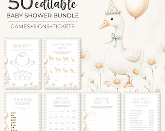 Silly Goose Baby Shower Games Bundle | Green Gingham Goose Baby Shower Games Set | Editable Floral Goose Baby Shower Activities Pack | BS12