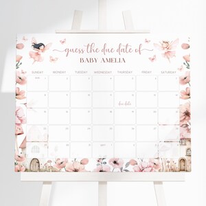 Fee-Babyparty-Fälligkeitsdatumskalender | Florales Elfen-Kalenderschild | Girl Magical Fairy Due Date Poster | Errate Babys Geburtstagsspiel | BS5