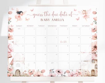 May include: A pink and white baby shower game with a calendar to guess the due date of Baby Amelia. The calendar is decorated with fairies, flowers, and mushrooms.
