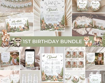 Woodland 1st Birthday Bundle | Wild One Birthday Invitation Set | Forest Animals Birthday Party Decor | Mountain Forest Birthday Pack | BD21