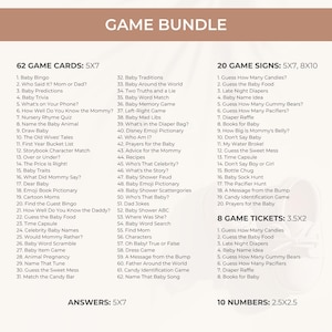 May include: A game bundle with the title "GAME BUNDLE" at the top. The bundle includes 62 game cards, 20 game signs, 8 game tickets, and 10 numbers. The game cards and signs are 5x7 and 8x10 inches, respectively. The tickets are 3.5x2 inches, and the numbers are 2.5x2.5 inches.
