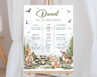 Tabliczka z okazji pierwszych urodzin w lesie | Plakat z okazji pierwszych urodzin Wild One | Dekoracja urodzinowa z leśnymi zwierzętami | Kamień milowy w górskim lesie | BD21