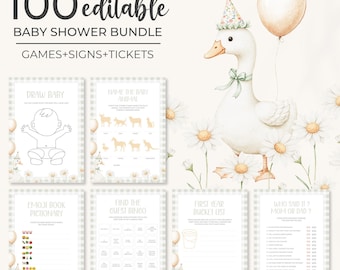 Editable Silly Goose Baby Shower Games Bundle | Floral Goose Baby Shower Games Set | Green Gingham Goose Baby Shower Activities Pack | BS12