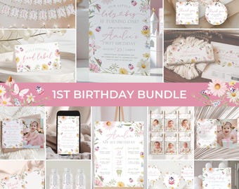 Ladybug 1st Birthday Bundle | Love Bug Birthday Invitation Set | Our Little Ladybug Birthday Decor | Floral Bugs Birthday Invite Pack | BD40