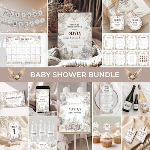 May include: A baby shower bundle with a magical theme. The bundle includes invitations, decorations, games, and favors. The theme is based on a popular fantasy book series. The colors are white, gold, and brown.