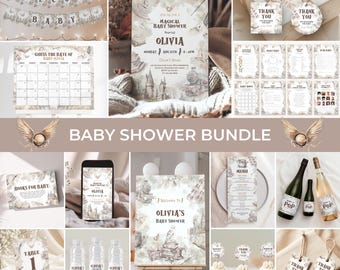 May include: A baby shower bundle with a magical theme. The bundle includes invitations, decorations, games, and favors. The theme is based on a popular fantasy book series. The colors are white, gold, and brown.