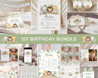 Wild One 1st Birthday Bundle | Safari Birthday Invitation Set | Jungle Animals Birthday Party Decor | Wild One Birthday Invite Pack | BD3