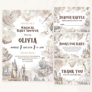 May include: A watercolor-style baby shower invitation with a magical theme. The invitation features a Hogwarts-style castle, a train, an owl, and a wand. The text reads "Join us for a Magical Baby Shower Honoring Olivia Monday Aug 12th 4-6pm Olivia's House 345 Enchanted Lane, Willowbrook Seattle, Washington 98101 RSVP to Sandy at 123.456.7890".