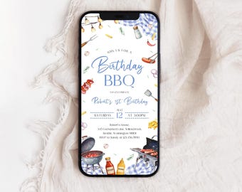 BBQ 1st Birthday Phone Invitation | Backyard Grill Birthday Electronic Invite | Barbecue Birthday Evite | Blue Picnic Birthday Evite | BD43