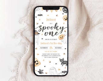 Halloween 1st Birthday Phone Invitation | Spooky One Birthday Evite | Cute Ghost Birthday Invite | Spooktacular Birthday Party Evite | BD18