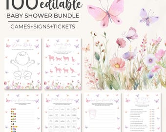 Op de afbeelding: Een set van 100 afdrukbare babyborrelspellen, borden en kaartjes. Het ontwerp heeft een aquarel bloemenmotief met vlinders en roze en paarse bloemen.